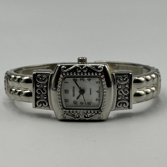 3/$30 Geneva Watch Women Silver Tone White Dial Etched Cuff Bracelet 6.5" - Picture 1 of 11